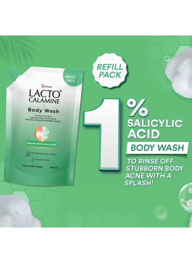 Lacto Calamine - Lacto Calamine 1% Salicylic Acid Body Wash Refill Pouch | 500ml - Pack of 2 | For Body Acne, Back Acne,Rough & Bumpy Skin | Cica, Aloe Vera,Turmeric & Natural Scrub Beads | Shower Gel For Men & Women - Image 1
