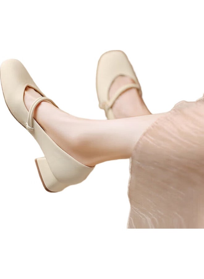 ZHR Mary Jane Shoes Women Retro Shallow Mouth Single Shoes Women Elegant Sweet Chunky Heel Square Head Women'S Shoes Cg71 Beige Size 40 - Image 3