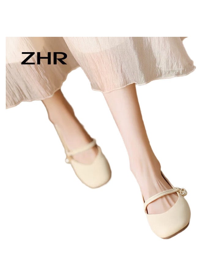 ZHR Mary Jane Shoes Women Retro Shallow Mouth Single Shoes Women Elegant Sweet Chunky Heel Square Head Women'S Shoes Cg71 Beige Size 40 - Image 2