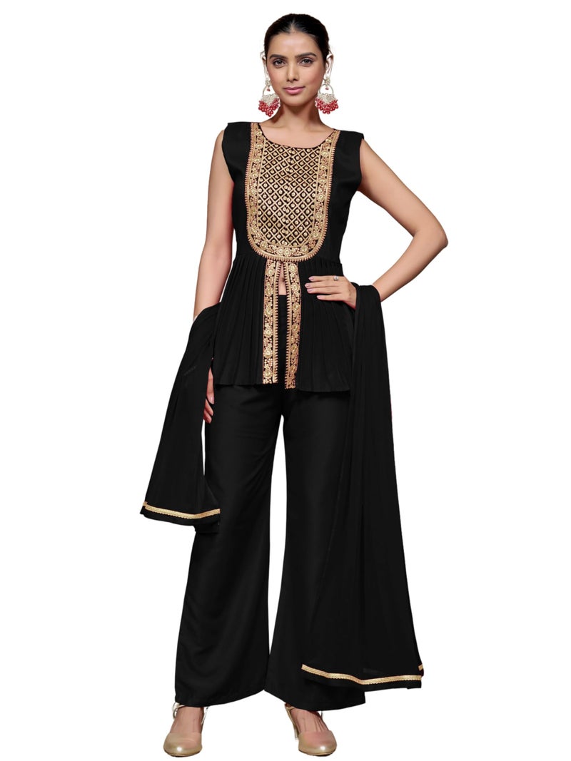 EthnicJunction Women's Cotton Silk Yoke Embroidery A-line Sleeveless Kurta Palazzo with Dupatta Set Black - Image 1