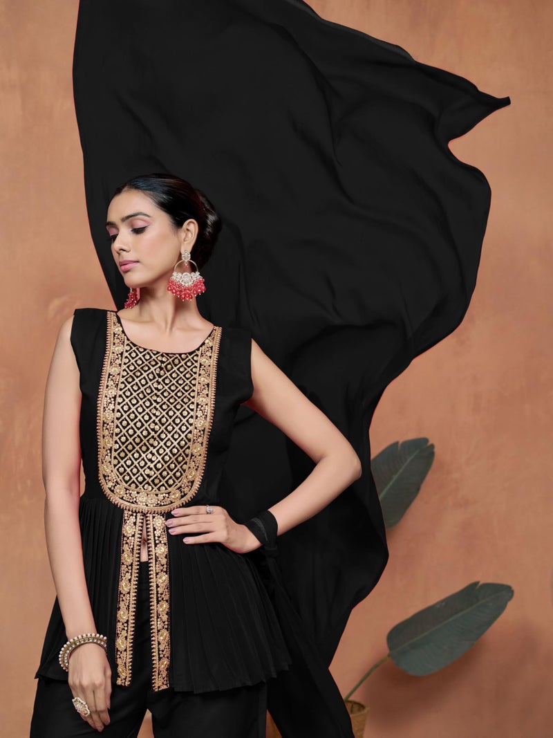 EthnicJunction Women's Cotton Silk Yoke Embroidery A-line Sleeveless Kurta Palazzo with Dupatta Set Black - Image 3