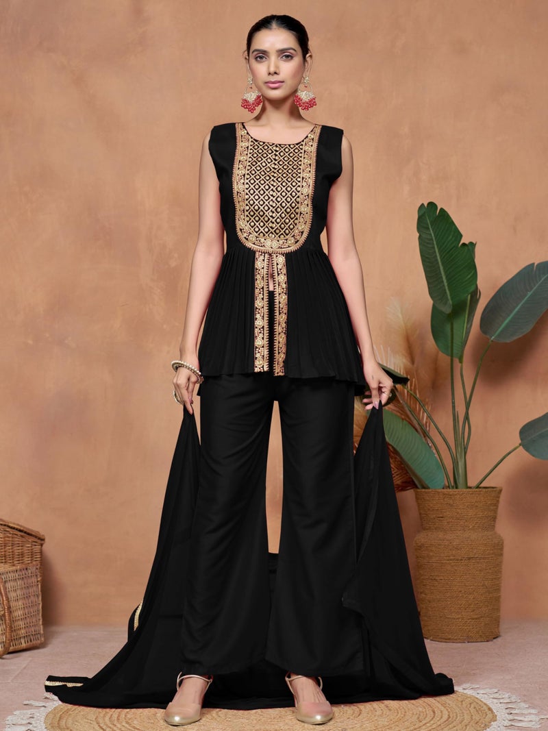 EthnicJunction Women's Cotton Silk Yoke Embroidery A-line Sleeveless Kurta Palazzo with Dupatta Set Black - Image 2