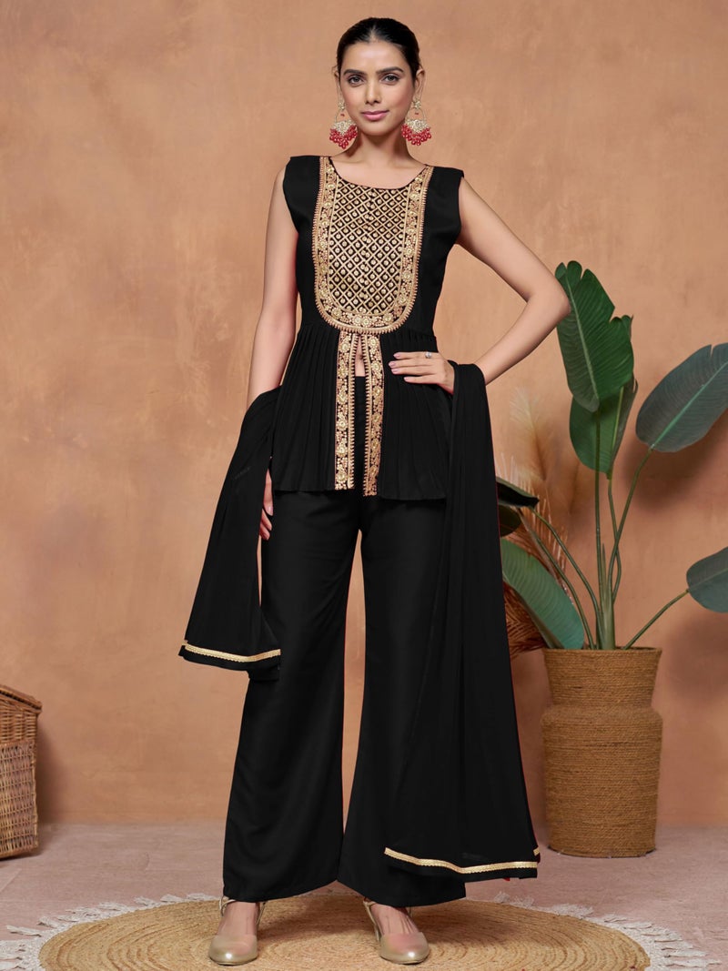 EthnicJunction Women's Cotton Silk Yoke Embroidery A-line Sleeveless Kurta Palazzo with Dupatta Set Black - Image 4