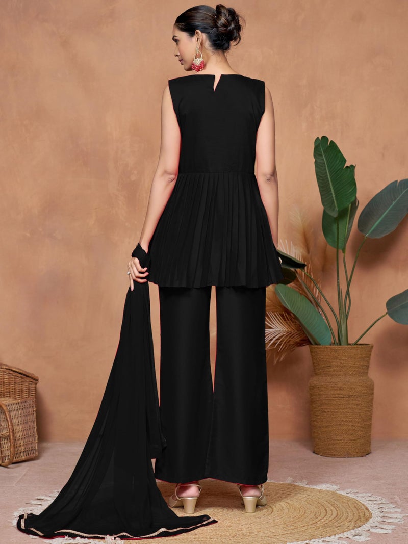 EthnicJunction Women's Cotton Silk Yoke Embroidery A-line Sleeveless Kurta Palazzo with Dupatta Set Black - Image 5