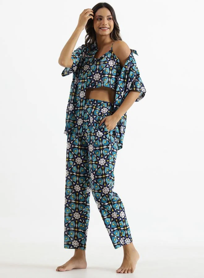 sanskrutihomes sanskrutihomes Pack of 3 - Geo Print Crop Top, Shirt and Pyjama