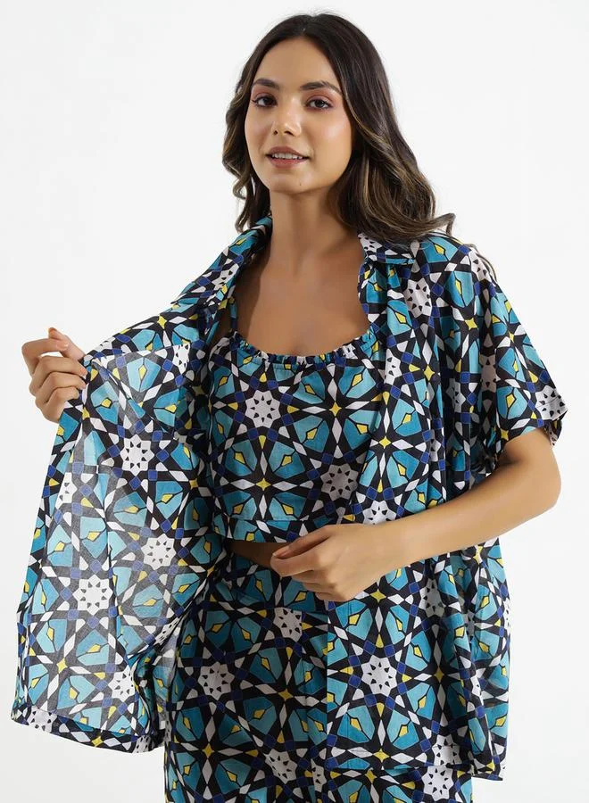 sanskrutihomes sanskrutihomes Pack of 3 - Geo Print Crop Top, Shirt and Pyjama