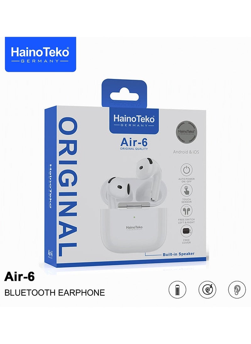 Haino Teko Air-6 Bluetooth Earphones With Built-in Speaker Multi Functional Touch Control and Microphone Compatible With iPhones and iPads White