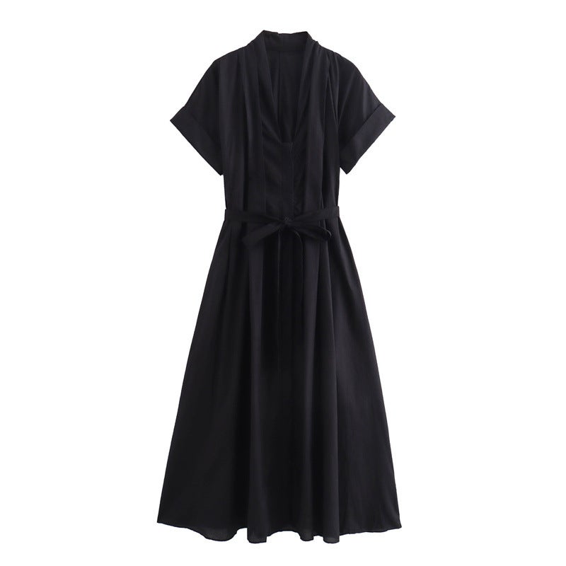 2024 Summer New Womens European and American Style Solid Color All-match Solid Color Waist Belt Shirt Trousers dress 10542 black lace-up skirt