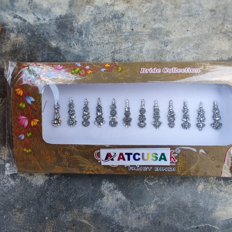 12 Silver Crystal Bindi Bridal face Jewels Forehead Tika Indian Bindis for women bindi Indian multicolor round long small gold Long 12 bindi  Silver color