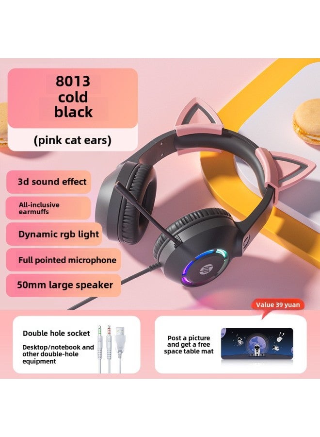 Headset Live Wired Game Desktop Computer Cat Ear Headset Electronic Competition Notebook-Color:Package 3 Plus Milk Tea Color Mouse Pad-cold Cute Black [pink Cat Ears]  - Image 1