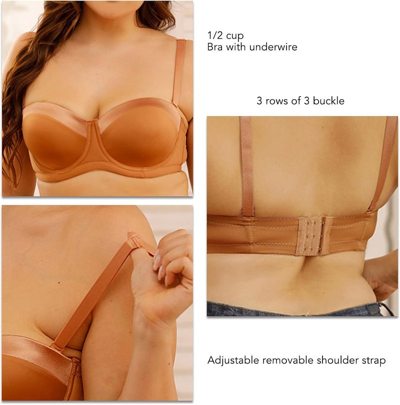 klarako Women Bra Underwire 1/2 Cup T Shirt Bra Push Up Removable Straps Bra Padded Racerback Soft Smoothing Plunging Bra(38D-Skin Color) - Image 3