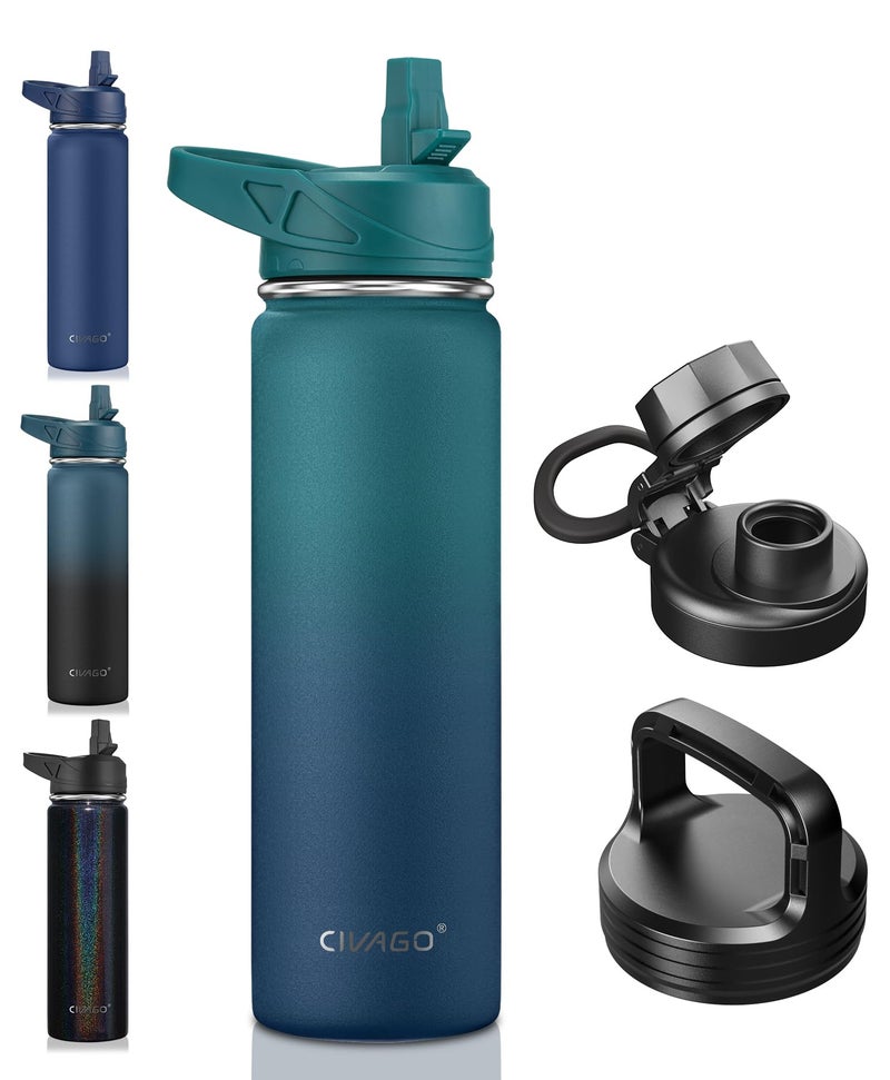 CIVAGO 22 oz Insulated Water Bottle With Straw, Stainless Steel Sports Water Flask Cup with 3 Lids (Straw, Portable Spout and Handle Lid), Double Walled Travel Thermal Canteen Mug, Dark Night - Image 1