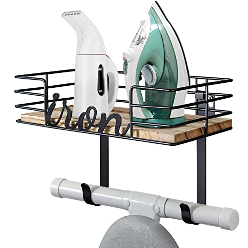 TJMOREE TJ.MOREE Hanger wall mount - Laundry Room Iron and ironing board Holder, Metal with Large Storage Wooden Base Basket and Removable Hooks (Black) - Image 1