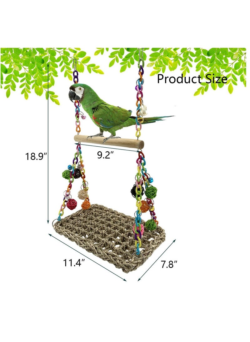 Excefore Bird Seagrass Swing Toys with Wood Perch Bird Parrot Trapeze Swing Seagrass Bird Climbing Hammock Bird Perch Stand Chewing Toy For Lovebird, Cockatiel, Budgie, Conure Parrotlet - Image 2
