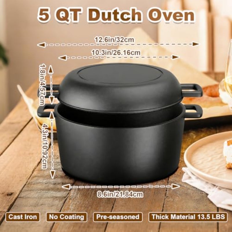 Cast Iron Dutch Oven for Bread Baking, 5 QT Pre-Seasoned Pot with Skillet Lid, Includes Sourdough Bread Baking Supplies, Cast Iron Pot for Frying, Braising, BBQ - Image 5