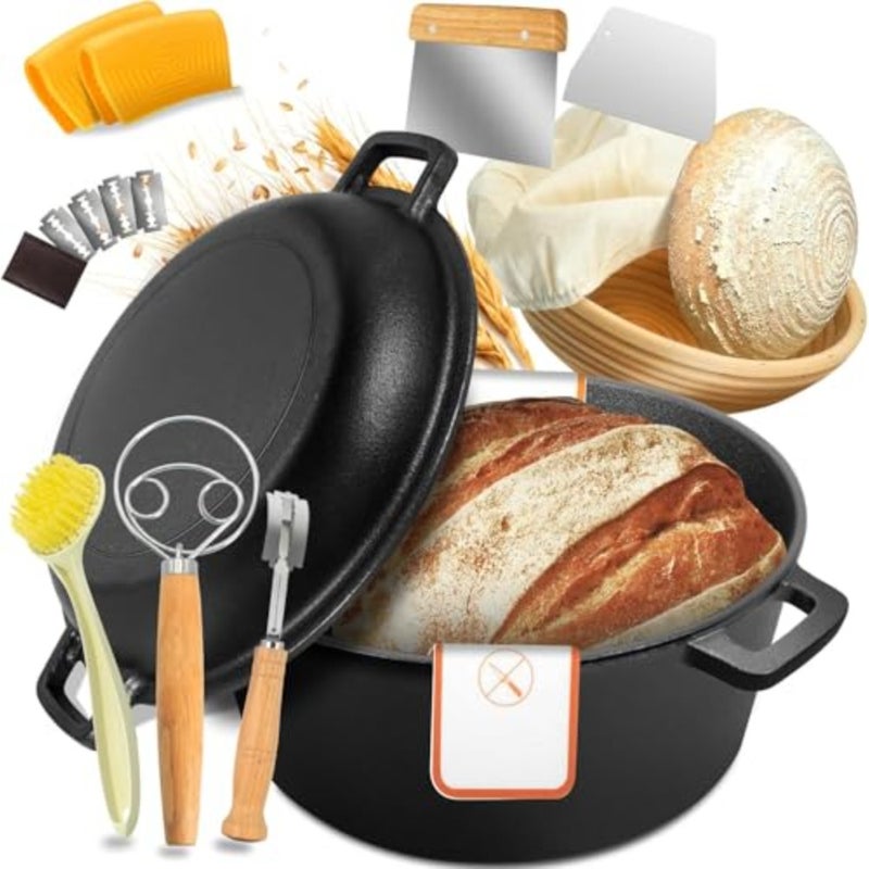 Cast Iron Dutch Oven for Bread Baking, 5 QT Pre-Seasoned Pot with Skillet Lid, Includes Sourdough Bread Baking Supplies, Cast Iron Pot for Frying, Braising, BBQ - Image 1