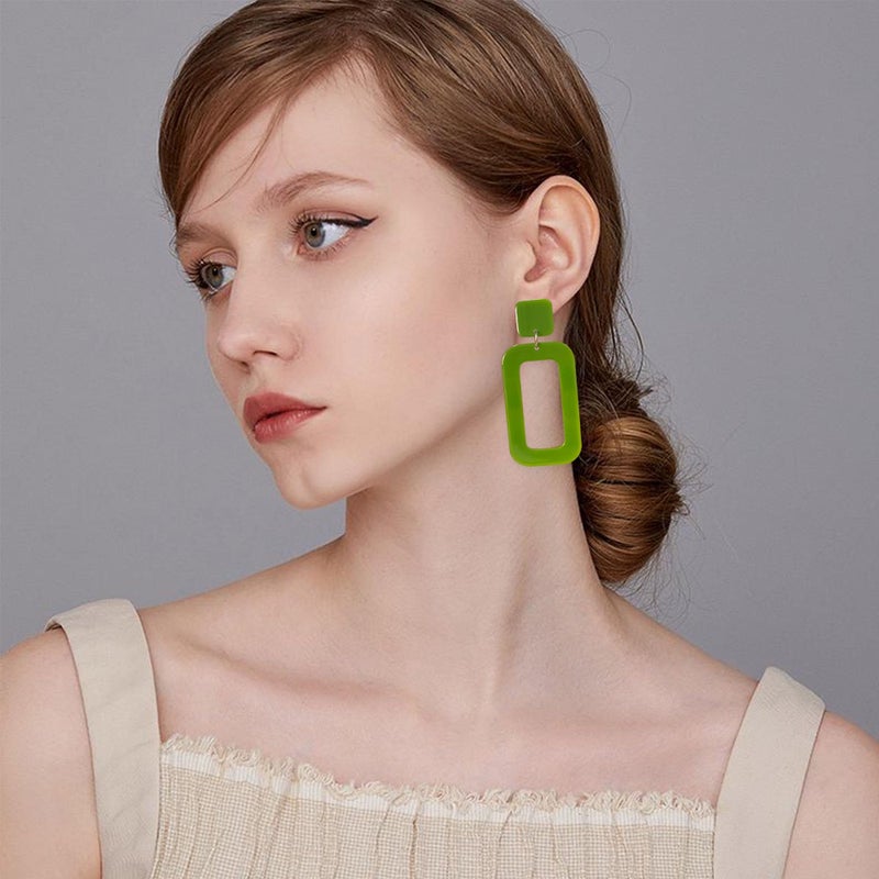 YUNXI 70s Vintage Minimalist Multicolor Acrylic Geometric Square Hollow Drop Dangle Neon Earrings Retro 80s Party Costume Accessory Jewelry for Women With Box (Green) - Image 2
