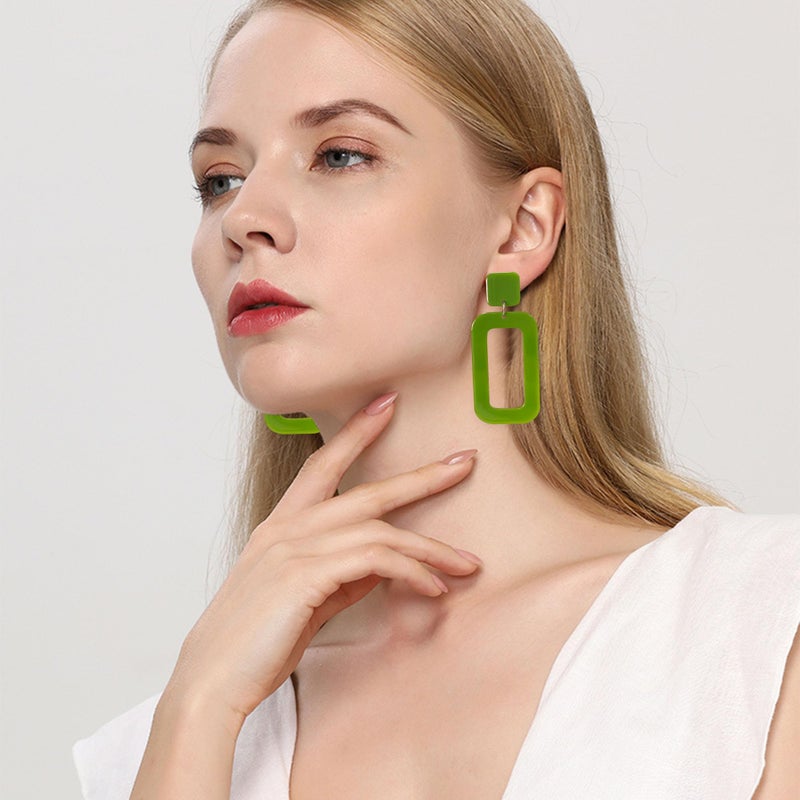 YUNXI 70s Vintage Minimalist Multicolor Acrylic Geometric Square Hollow Drop Dangle Neon Earrings Retro 80s Party Costume Accessory Jewelry for Women With Box (Green) - Image 3