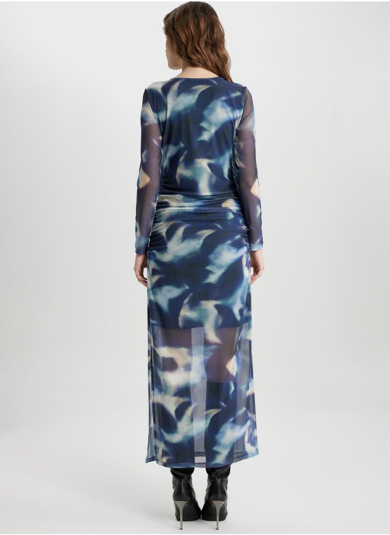 DeFacto - Bodycon Round Collar Batic Tulle Midi Long Sleeve - Image 1
