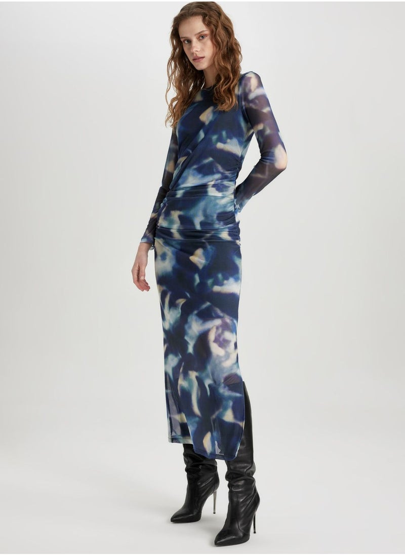 DeFacto - Bodycon Round Collar Batic Tulle Midi Long Sleeve - Image 1