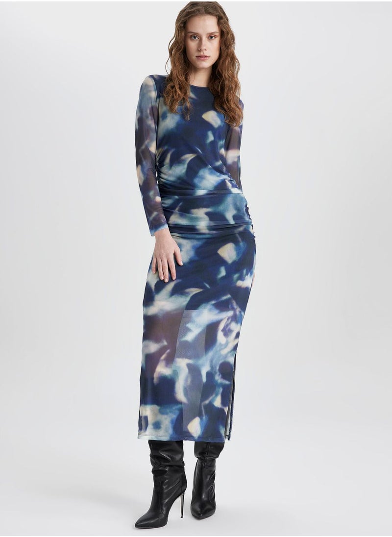 DeFacto - Bodycon Round Collar Batic Tulle Midi Long Sleeve - Image 1