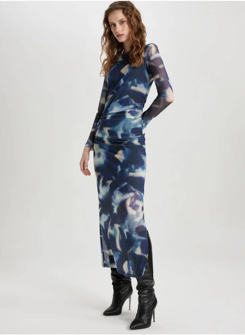 DeFacto Bodycon Round Collar Batic Tulle Midi Long Sleeve