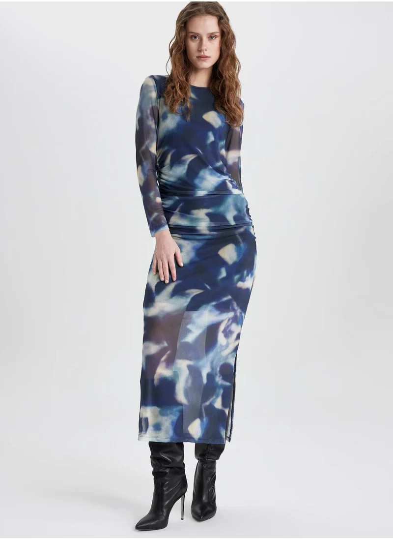 DeFacto Bodycon Round Collar Batic Tulle Midi Long Sleeve