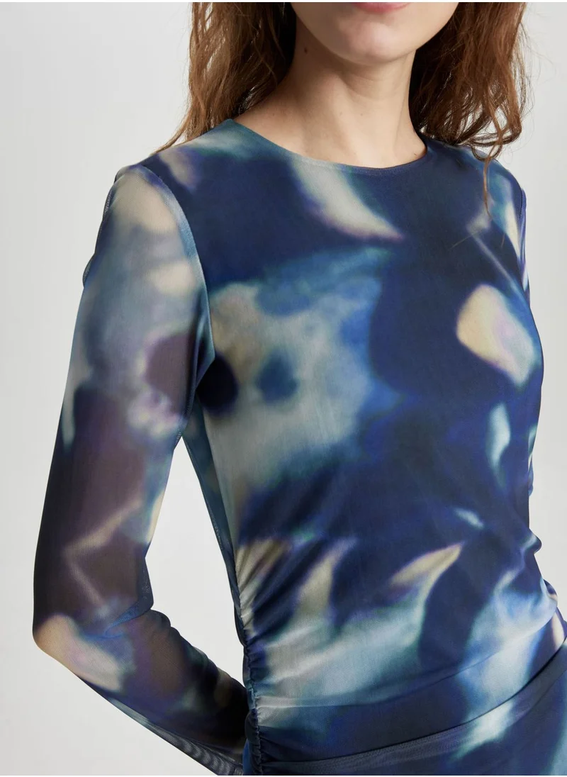 DeFacto Bodycon Round Collar Batic Tulle Midi Long Sleeve