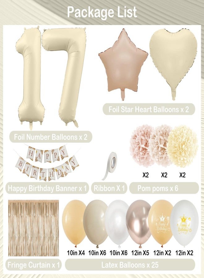 Togvu 17th Cream Birthday Decorations for Girls, Beige Foil Number Heart Brown Star Balloons Neutral White Gold Nude Balloons with Boho Happy Birthday Banner Fringe Curtain Paper Pom Poms Baby Shower Decor - Image 2