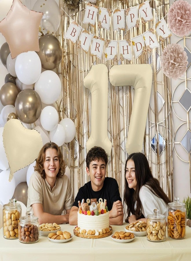 Togvu 17th Cream Birthday Decorations for Girls, Beige Foil Number Heart Brown Star Balloons Neutral White Gold Nude Balloons with Boho Happy Birthday Banner Fringe Curtain Paper Pom Poms Baby Shower Decor - Image 3