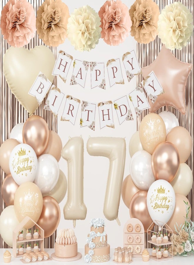 Togvu 17th Cream Birthday Decorations for Girls, Beige Foil Number Heart Brown Star Balloons Neutral White Gold Nude Balloons with Boho Happy Birthday Banner Fringe Curtain Paper Pom Poms Baby Shower Decor - Image 1