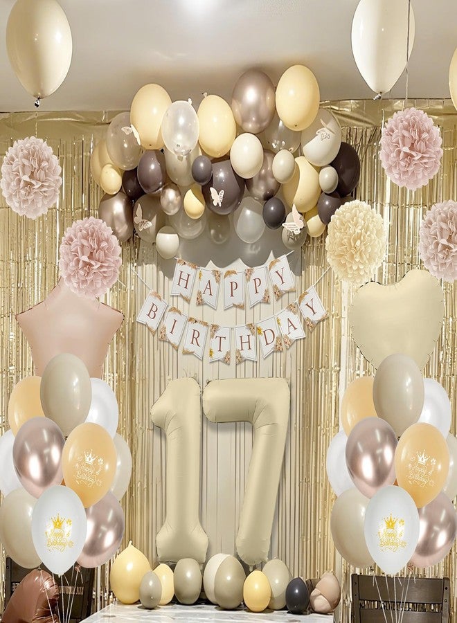 Togvu 17th Cream Birthday Decorations for Girls, Beige Foil Number Heart Brown Star Balloons Neutral White Gold Nude Balloons with Boho Happy Birthday Banner Fringe Curtain Paper Pom Poms Baby Shower Decor - Image 5