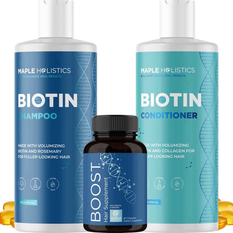Maple Holistics Biotin for Hair Growth Treatment Set - Biotin Shampoo and Conditioner Set Sulfate Free plus Hair Loss Supplement for Women & Men with Saw Palmetto Horsetail Collagen and Keratin (1 Month Supply) - Image 1