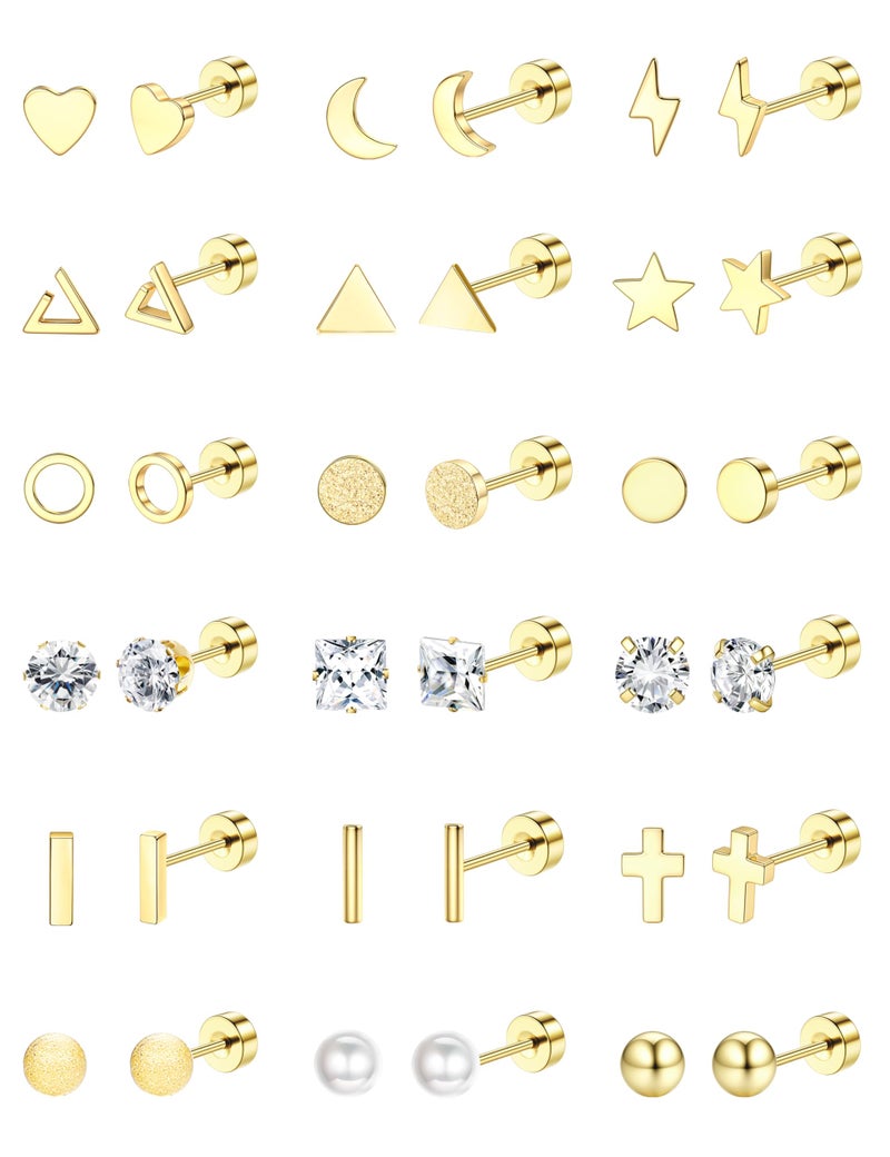 ORAZIO 18 Pairs Surgical Stainless Steel Stud Earrings - Cross Moon Star Small Studs, Black Gold Screw Flat Back Ear Piercing Set (Gold Tone) - Image 1