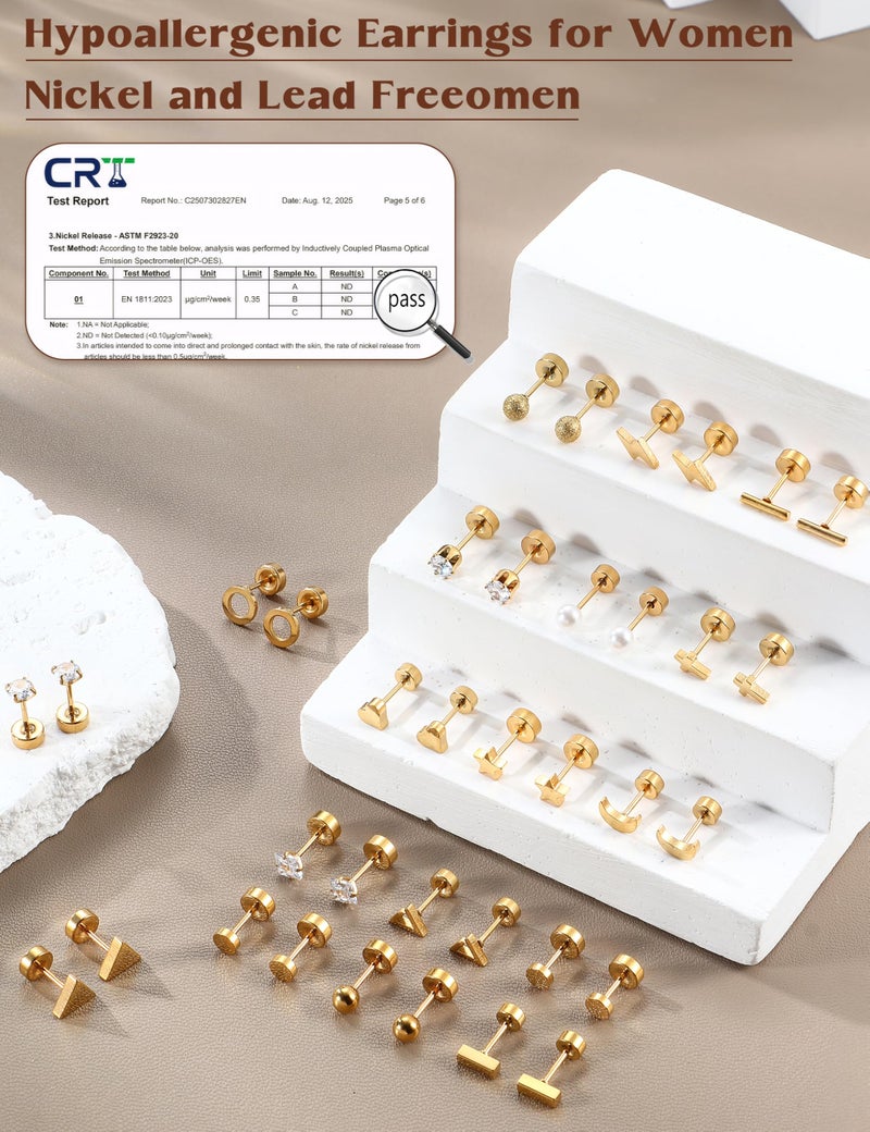 ORAZIO 18 Pairs Surgical Stainless Steel Stud Earrings - Cross Moon Star Small Studs, Black Gold Screw Flat Back Ear Piercing Set (Gold Tone) - Image 4