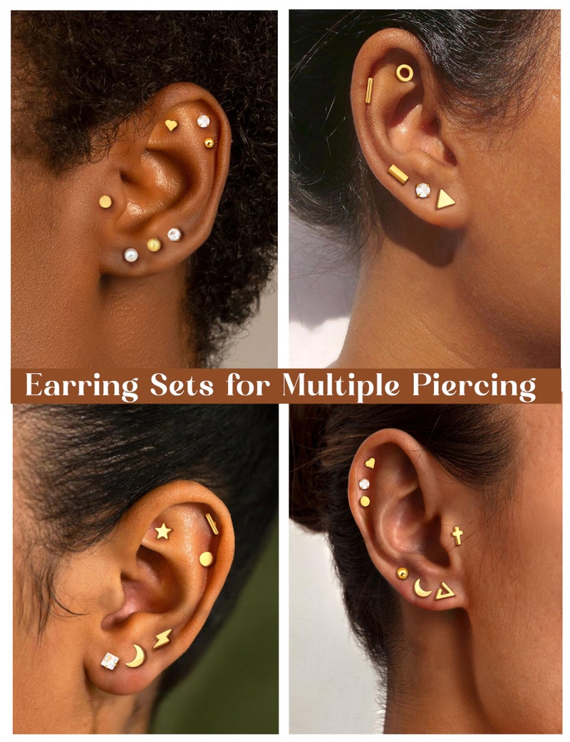 ORAZIO 18 Pairs Surgical Stainless Steel Stud Earrings - Cross Moon Star Small Studs, Black Gold Screw Flat Back Ear Piercing Set (Gold Tone) - Image 3