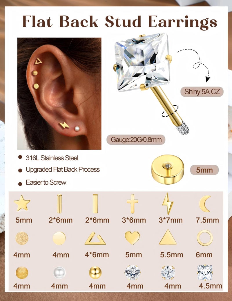 ORAZIO 18 Pairs Surgical Stainless Steel Stud Earrings - Cross Moon Star Small Studs, Black Gold Screw Flat Back Ear Piercing Set (Gold Tone) - Image 5