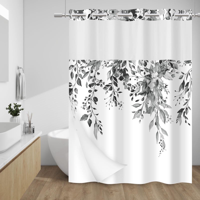 WITHLOC No Hook Shower Curtain with Snap in Liner - Eucalyptus Shower Curtain - Washable Waterproof Inner Liner, Plants Black Leaves Modern Shower Curtains - Machine Washable, 71 x 74 - Image 1
