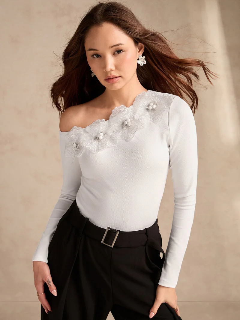 OUTZIDR white-off-shoulder-top-with-floral-embellishments