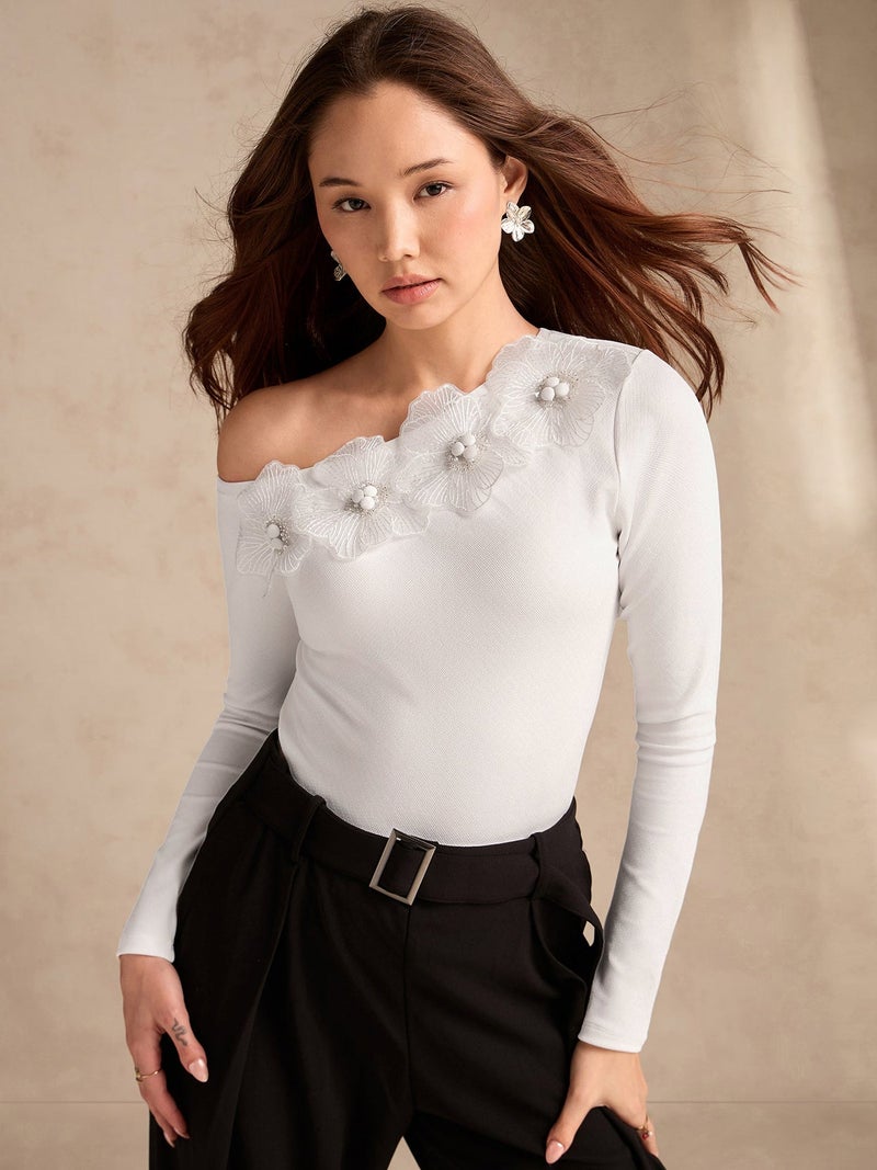 OUTZIDR white-off-shoulder-top-with-floral-embellishments - Image 1
