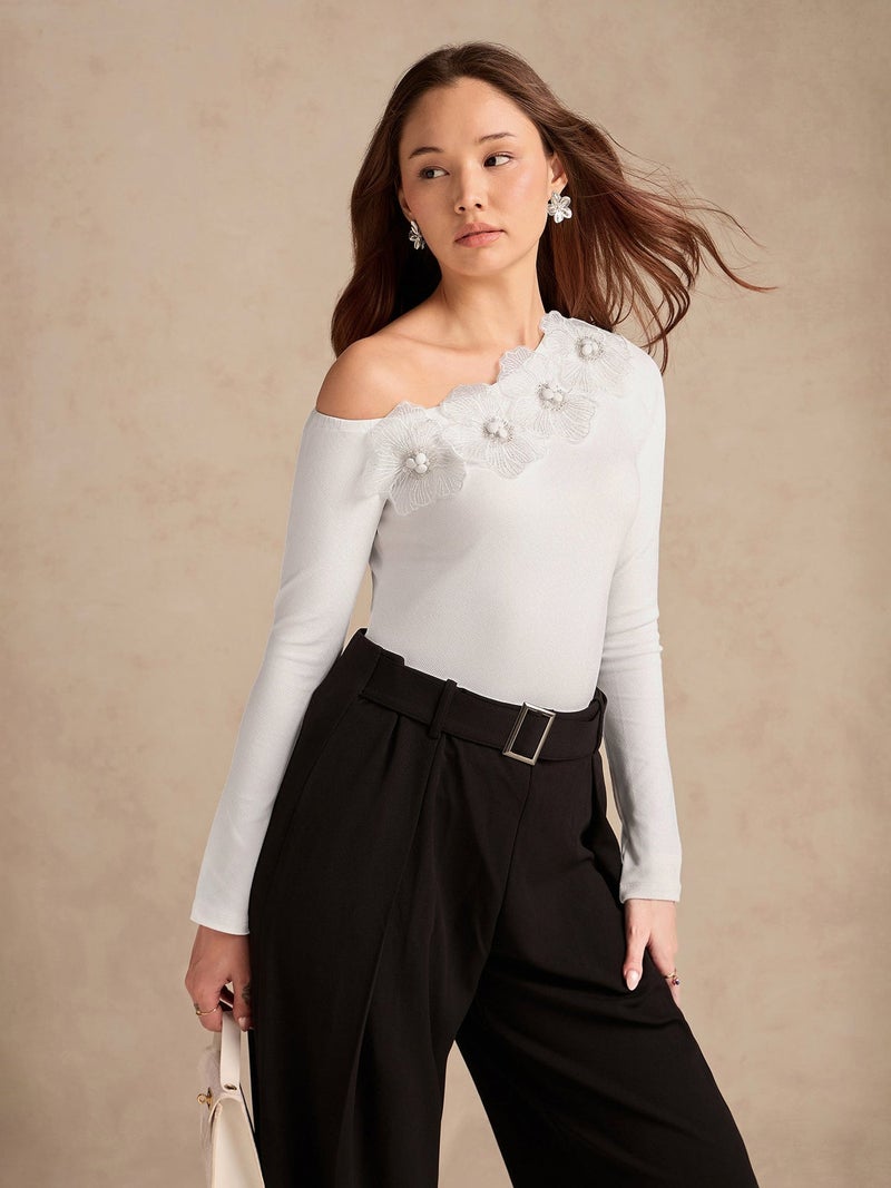 OUTZIDR white-off-shoulder-top-with-floral-embellishments - Image 3