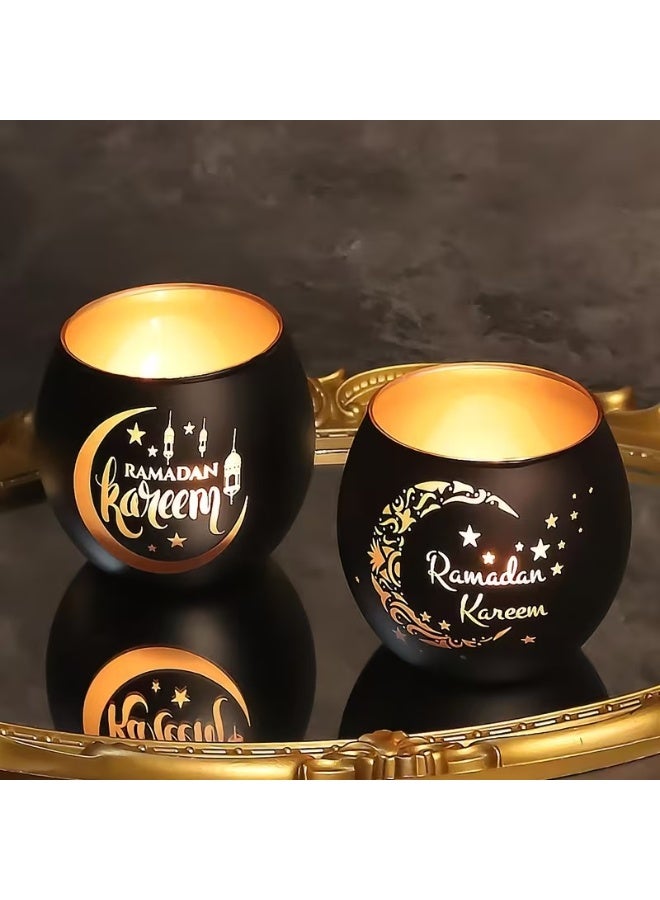Neox زينة رمضان حامل شموع  ديكور رمضان قطعتان من حوامل الشموع الرمضانية الزجاجية العتيقة - طلاء لامع، تصميم إسلامي على شكل هلال ونجمة، ديكور عيد الفطر، لا تحتاج إلى كهرباء أو بطارية، مثالية لتزيين المنزل والحفلات - رمضان كريم (الشموع غير متضمنة) - Image 1