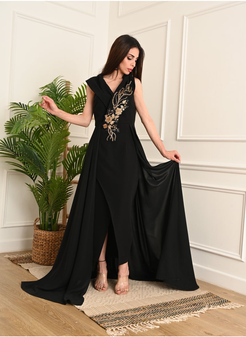 FULL JOY Long Dress decorated with crystals and sequins from the chest, Black  - Image 4