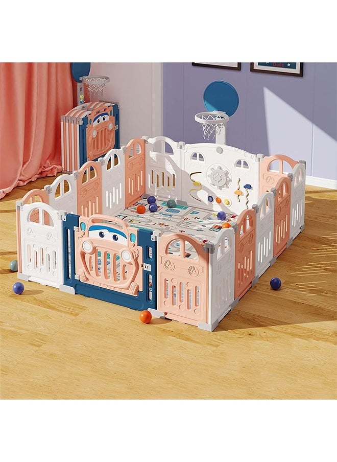 Beauenty 16 Panel Baby Playpen 1.5 * 1.8M Indoor Kids Safety Activity Center Foldable Baby Fence Kid Play Yard with Safety Lock Gate  Portable for Children from 10 Months to 6 Years Old (Pink)  - Image 1