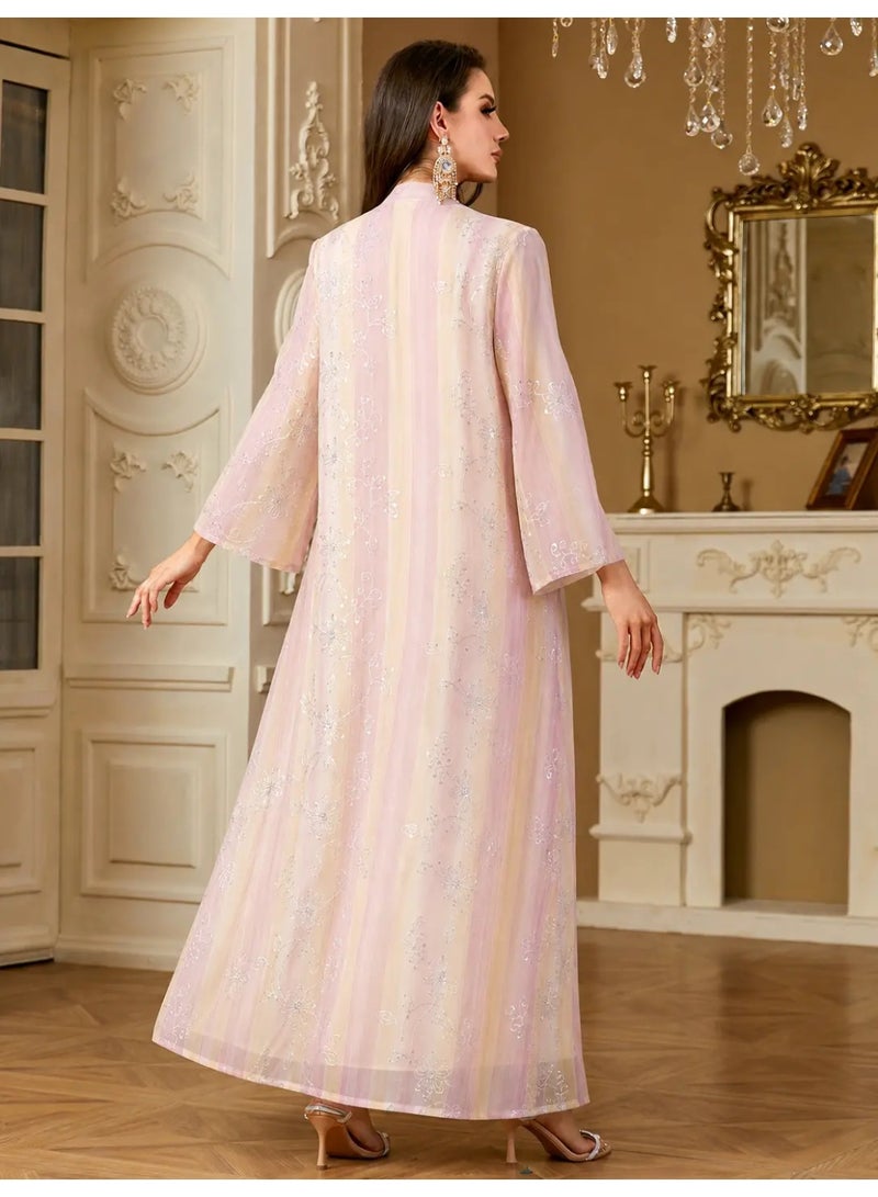 Kaiyuede Women's Pink Floral Embroidery Sequin Jalabiya - Image 2