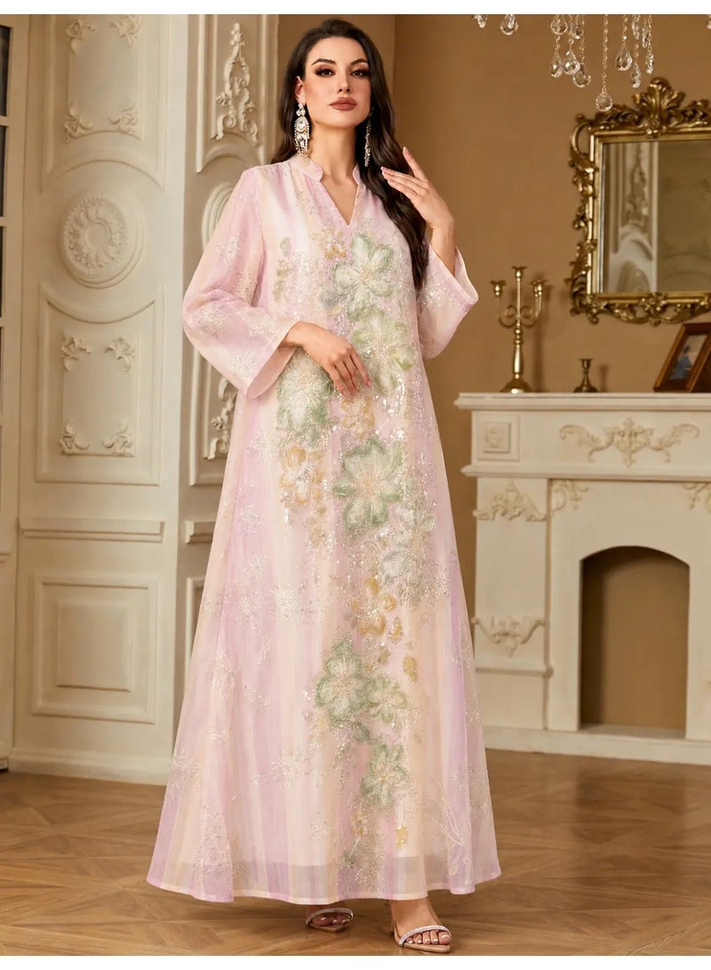 Kaiyuede Women's Pink Floral Embroidery Sequin Jalabiya - Image 1