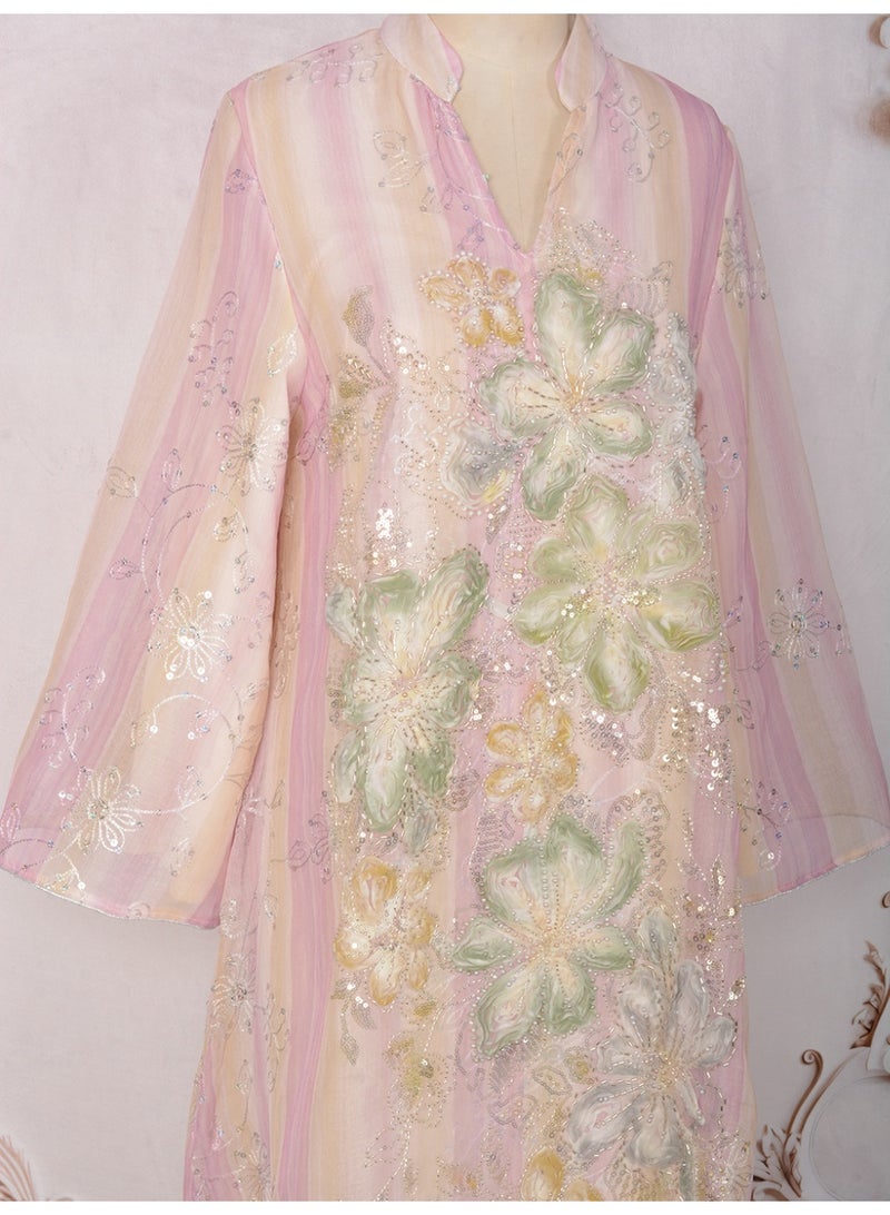 Kaiyuede Women's Pink Floral Embroidery Sequin Jalabiya - Image 5
