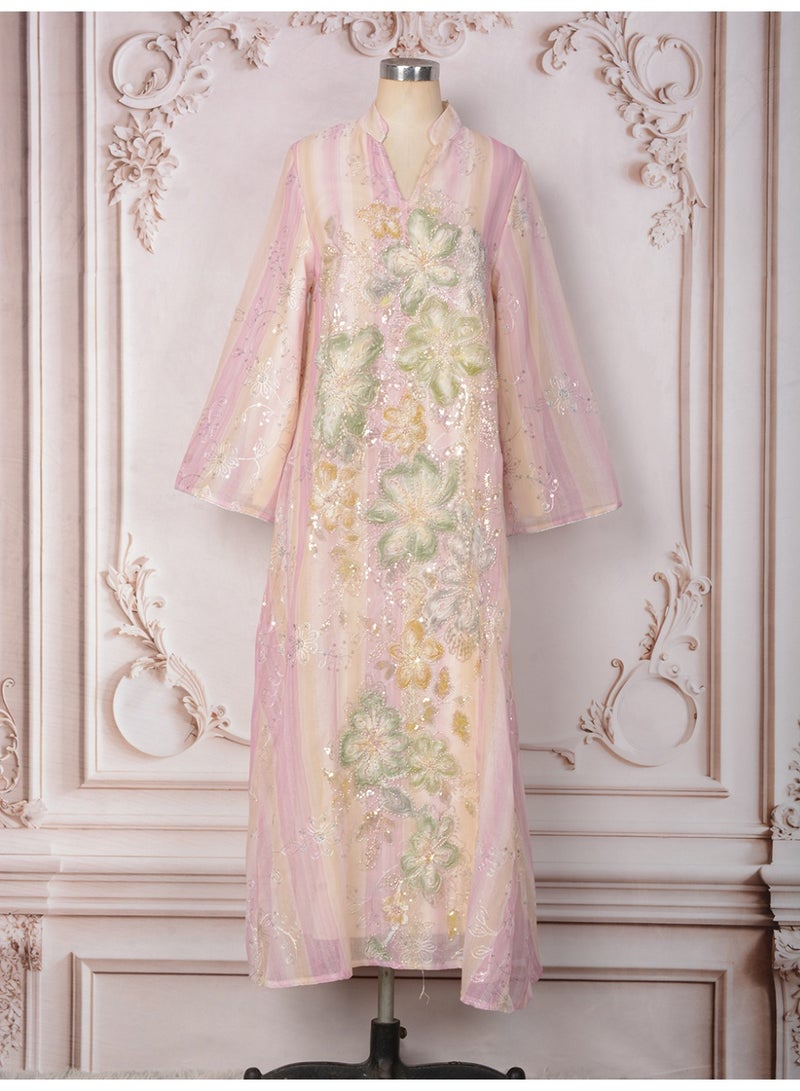 Kaiyuede Women's Pink Floral Embroidery Sequin Jalabiya - Image 4