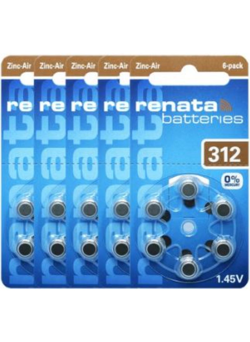 30-Pieces Renata (Size 312) Hearing Aid 1.45V Zinc-Air 0% Mercury Batteries
