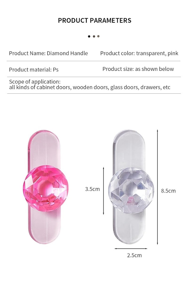 ZEBROC ABS Plastic 8 Pcs Punchfree Crystal Drawer Handle SelfAdhesive Acrylic Transparent Cabinet Wardrobe Furniture Pulls Hooks Rectangle Pack Of 8 Pink - Image 4